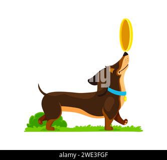 Il personaggio del cucciolo di cane del dachshund dei cartoni animati gioca con gioia con un piatto volante nel parco, orecchie che scivolano, batta la coda. Il cane vettoriale esprime pura delizia canina in mezzo alla natura estiva, vibrante sfondo Illustrazione Vettoriale