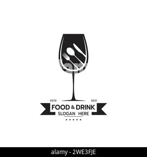 Cibo e bevande elegante logo con forchetta cucchiaio, coltello, cucina, logo del ristorante, icona di design modello vettoriale su sfondo bianco illustrazione vettoriale Illustrazione Vettoriale