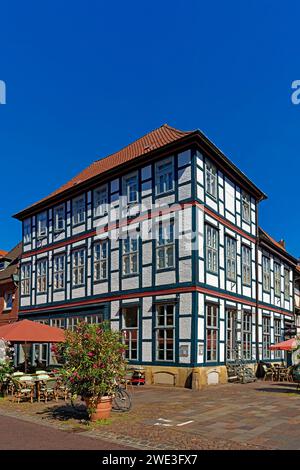 Architektur, Blumen, Deutschland, Europa, Fachwerk, Fachwerkhaus, Fenster, gastronomie, Gebäu Lange Straße, Niedersachsen, Nienburg, ristorante, se Foto Stock