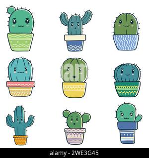 Set di elementi decorativi Cactus carini illustrazioni vettoriali per la tua azienda o marchio Illustrazione Vettoriale