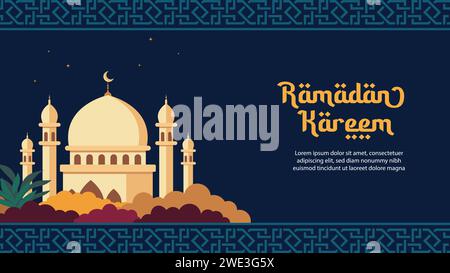 Illustrazione vettoriale del Ramadan Kareem sfondo con moschea e calligrafia. Adatto per biglietti di auguri, poster e striscioni. Illustrazione Vettoriale