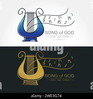 Moderno design lineare sottile e piatto. Immagine stilizzata del logo Lyre. Logo del festival di musica classica modello per copertine, logo, poster, inviti, musica moderna Illustrazione Vettoriale