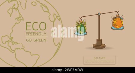 Il diverso paesaggio ambientale fabbrica e foresta , concetto di ecologia verde terra - informazioni verdi con mondo globo su scala . Bilancia co Illustrazione Vettoriale