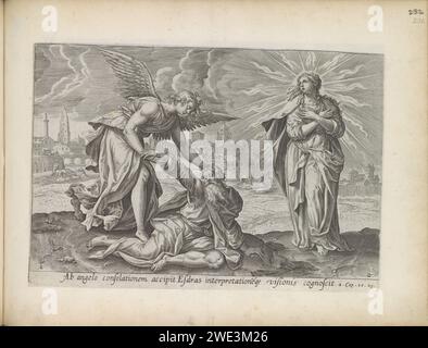 Seconda visione di Ezra: Ezra confortato dall'angelo, 1643 stampa l'angelo Uriel conforta Ezra e lo aiuta a stare in piedi. Accanto a Ezra ci sono la visione della radiosa moglie Sion. Quando scompare, Ezra vede la città che viene costruita sullo sfondo. Sotto l'esecuzione un riferimento in latino al testo apocrifo della Bibbia in 4 Ezra 10:25. Questa stampa fa parte di un album. Carta di Amsterdam che incide altre scene di Ezra ed Esdras Foto Stock