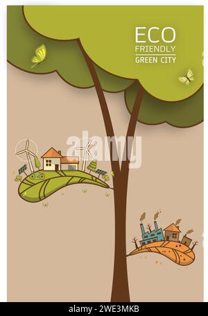 Il diverso paesaggio ambientale fabbrica e foresta, concetto di ecologia della terra verde informazioni verdi con ecologia e città verde di energia sa Illustrazione Vettoriale