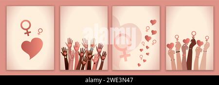 Gruppo di mani alzate di donne multiculturali con cuore rosso e simbolo femminile. Giornata internazionale della donna. Diversity - Inclusion - Equality.Template Illustrazione Vettoriale