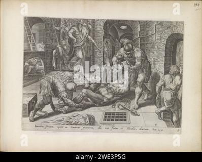 Cattivo servo gettato in un sotterraneo oscuro, stampa 1643 il cattivo servo, che aveva seppellito il suo talento, è legato a mani e piedi e posto in un sotterraneo oscuro. In fondo alle scale c'è il suo Signore, che gli ordina di gettarlo nella prigione. Sotto lo spettacolo un riferimento in latino al testo biblico in MAT. 25:30. Questa stampa fa parte di un album. Incisione su carta di Amsterdam due servitori vengono premiati, il terzo viene gettato nell'oscurità esterna Foto Stock