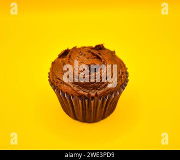 Una tazza di torta con spugna al cioccolato ricoperta di glassa al cioccolato. Foto Stock