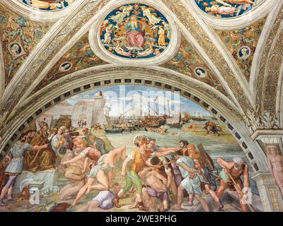 Battaglia di Ostia, vittoria navale di Papa Leone IV sui musulmani a Ostia nel 849; dipinto di Raffaello nel fuoco di Borgo, Musei Vaticani, Roma. Foto Stock