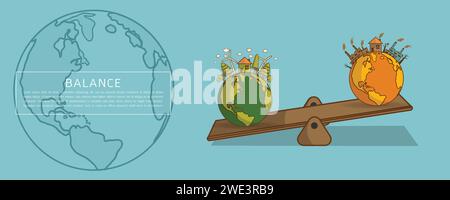 Il diverso paesaggio ambientale fabbrica e foresta , concetto di ecologia verde terra - informazioni verdi con mondo globo su scala . Bilancia co Illustrazione Vettoriale