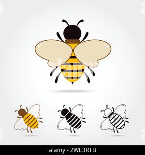 Set di icone del logo Bee isolate su sfondo bianco. Api volanti al miele. Insetto. Illustrazione vettoriale di stile piatto. Illustrazione Vettoriale