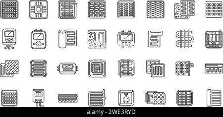 Le icone pavimento riscaldato impostano il vettore di contorno. Calore termico. Comando climatizzazione strato piastrelle Illustrazione Vettoriale