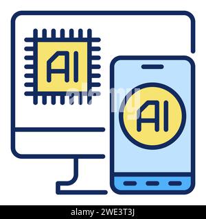 AI in PC e smartphone, icona colorata o elemento del logo Concept di intelligenza artificiale del telefono con intelligenza artificiale vettoriale Illustrazione Vettoriale
