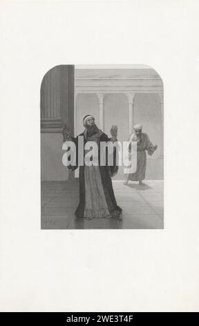 Uomini in preghiera, Dirk Jurriaan Sluyter, dopo Johannes Christiaan d'Arnaud Gerkens, 1826 - 1886 stampa in Man in Arab Clothes si trova su un cortile circondato da una colonna. Alza gli occhi e le mani in paradiso. Dietro di lui un secondo uomo, anche con turbante e anche in atteggiamento rispettoso. Testa di incisione/incisione su carta di Amsterdam: Turbante. una persona che prega Foto Stock