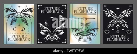 Set di striscioni estetici boho stile Y2K. Illustrazione vettoriale realistica di poster retroondeggianti con elegante decorazione floreale su sfumatura di colore e sfondo nero, volantini con effetto flashback retrò futuristico Illustrazione Vettoriale