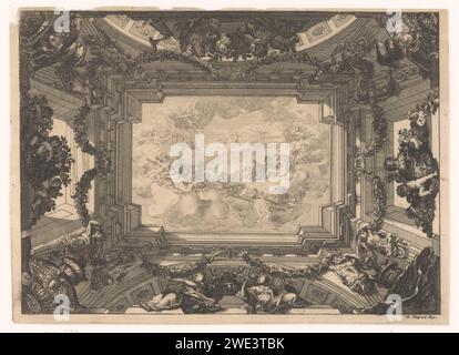 Soffitto trompe-l'oeil con esecuzione mitologica, Anonimo, dopo Daniël Marot (i), in o dopo il 1703 soffitto stampato con centrotavola rettangolare con una rappresentazione mitologica sostenuta da termini. I lati lunghi sostenuti da due archi. Negli angoli sono visibili le console con una maschera e un vaso. soffitto con incisione di carta (decorato) Foto Stock
