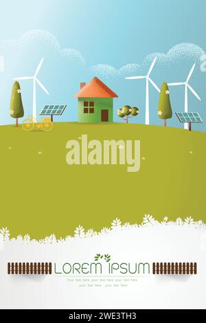Casa ecocompatibile - energia solare, energia eolica, energia verde, paesaggio urbano, ecologia di energia rinnovabile ecologica domestica, illustrazione del concetto di stile Vector texture Illustrazione Vettoriale