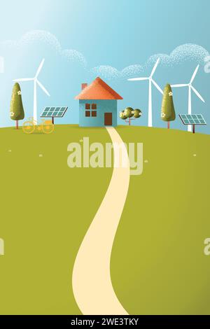 Casa ecocompatibile - energia solare, energia eolica, energia verde, paesaggio urbano, ecologia di energia rinnovabile ecologica domestica, illustrazione del concetto di stile Vector texture Illustrazione Vettoriale