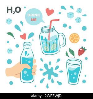 Bere più acqua, bere acqua in bicchiere, vasetto, bottiglia di vetro. Set di varie bottiglie, bicchieri, abitudini quotidiane corrette, rituali mattutini. Zero sprechi. Illustrazione vettoriale disegnata a mano. Illustrazione Vettoriale