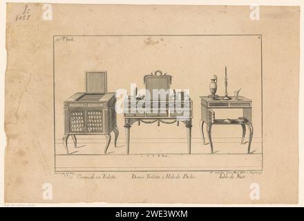 Commode, toilette e comodino, anonimo, dopo richard de lalonde, in o dopo 1784 - 1806 stampa a sinistra un comò con parte pieghevole, decorato con un motivo a diamante e uno staff Mercury. Al centro c'è un tavolino con tre cassetti, una parte pieghevole, una caraffa, bottiglie e libri. Sulla destra un comodino con due cassetti e uno scaffale, con una brocca, un candelabro, libri e una ciotola. Armadietto ornamentale con incisione/incisione in carta di Augusta. tabella. cortile Foto Stock