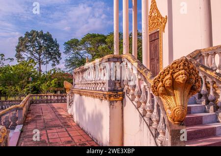 Una statua naga illuminata dal sole in un tempio buddista disertato durante il COVID-19, Wat Sang Kleang, Tang Krasang, provincia di Kampong Thom, Cambogia. © Kraig Lieb Foto Stock