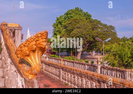 Una statua naga illuminata dal sole in un tempio buddista disertato durante il COVID-19, Wat Sang Kleang, Tang Krasang, provincia di Kampong Thom, Cambogia. © Kraig Lieb Foto Stock