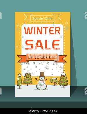 Sconti natalizi Card. Banner pubblicitario natalizio con simboli e personaggi divertenti per il nuovo anno.banner sconti invernali. Pupazzo di neve gioioso con le parole V Illustrazione Vettoriale