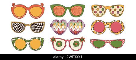 Collezione di eleganti occhiali da sole trippy in stile boho hippie. Illustrazioni vettoriali isolate su sfondo bianco Illustrazione Vettoriale