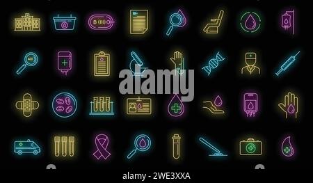 Set di icone per la donazione di sangue. Contorno insieme di icone vettore donazione sangue colore neon su nero Illustrazione Vettoriale