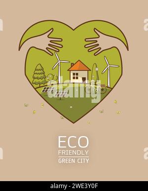 terra verde nel cuore con abbraccio a mano concetto - concetto di ecologia informazioni verdi con ecologia e città verde di risparmio energetico o energia pulita con gree Illustrazione Vettoriale