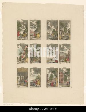 Dodici mesi, PIL monogrammista, 1700 - 1799 stampa Narrative Performances of the 12 months. Maggio: Una donna è seduta lungo l'acqua, mentre un uomo fa la sua corte. Sopra di loro amor con il suo arco. Aprile: Un uomo si inginocchia per una donna in un parco. Luglio: Un uomo e una donna vicino a un fiume. In lontananza un mulino e due pescatori in una barca a remi. Giugno: Paesaggio montuoso con castello. Settembre: Un uomo è all'indietro su un cavallo di fronte a una casa e tiene una tazza. Una donna sta di fronte a lui. Agosto: Tre personaggi da pesca sotto una cappella su una roccia. Marzo: Pescatori sulla costa. Febbraio: lov Foto Stock