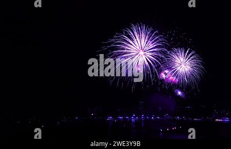 Spettacolari fuochi d'artificio di colore blu e rosa che esplodono nel cielo notturno Foto Stock