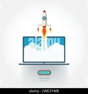 Lancio di razzi spaziali. Start up concept flat style.illustrazione vettoriale.elementi di progettazione per banner, poster, opuscoli per le aziende. Illustrazione Vettoriale