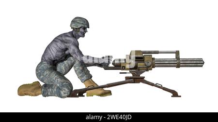 Soldato in azione con mitragliatrice su sfondo bianco Foto Stock