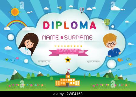 Diploma certificato bambini, disposizione del modello dell'asilo progettazione del telaio di sfondo illustrazione vettoriale. Scuola elementare prescolare diploma per bambini Illustrazione Vettoriale