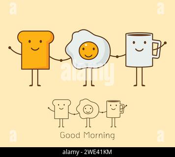 Migliori amici. Colazione. Buon giorno. Set di simpatici cartoni animati con un caffè, uova e toast. Illustrazione vettoriale. Illustrazione Vettoriale