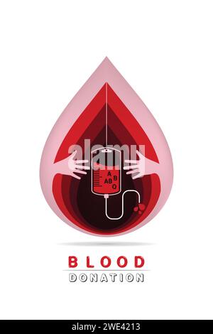 cartaceo intagliare logotipo donazione di sangue, aiutare i malati e i bisognosi. Contagocce con goccia di sangue, illustrazione vettore Illustrazione Vettoriale