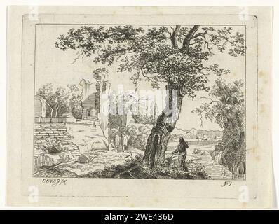 Paesaggio con rovine, Cornelis Ouboter van der Griendt, stampa 1807 - 1868 paesaggio con rovine e quattro figure. C'è un albero in primo piano. paesaggio con macchie di carta Foto Stock