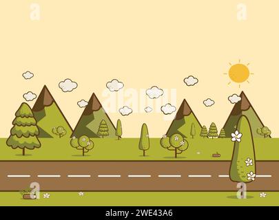 Strada nella verde valle, montagne, colline, nuvole e sole sul cielo. Illustrazione di stile piatto della natura primaverile o estiva.sfondo del paesaggio Vector illu Illustrazione Vettoriale
