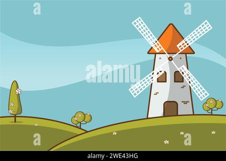Paesaggio naturale con un mulino a vento grazioso stile cartoni animati illustrazione vettoriale. Mulino e paesaggio collinare estivo Illustrazione Vettoriale