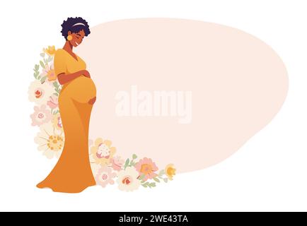 Banner moderno per gravidanza e maternità, bella donna afro americana incinta nera in abito lungo con cornice per testo. Vettore isolato cartone animato piatto Illustrazione Vettoriale