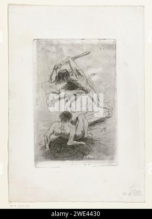 Cain uccide Abel, Odilon Redon, 1886 stampa Cain con club sollevato, sta per colpire Abel. Abel, visto sul retro, siede per terra. Carta francese che incide sull'uccisione di Abel: Caino lo uccide con una pietra, una mazza o una mascella, alternativamente con una vanga o un altro strumento come arma Foto Stock