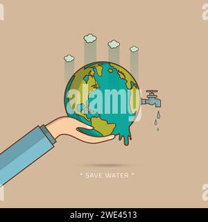 Giornata mondiale dell'acqua con rubinetto o rubinetto con una goccia d'acqua sulla terra e risparmiare acqua testo illustrazione del design vettoriale Illustrazione Vettoriale
