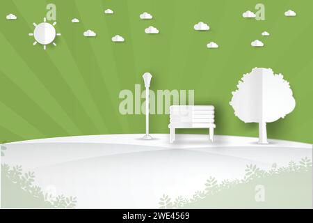 parco pubblico minimalista in città con alberi, sole, nuvole di sfondo, illustrazione vettoriale in stile cartaceo. Illustrazione Vettoriale