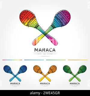 Moderno design lineare sottile e piatto. L'immagine stilizzata di Pair Colorful Maracas. Logo del festival di musica acustica modello per copertine, logo, poster, invitati Illustrazione Vettoriale