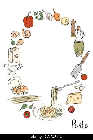 Illustrazione grafica di pomodori e gamberi disegnata a mano. Stampa con ingredienti per il ristorante italiano o il menu di piatti mediterranei. Pasta con cibo Foto Stock