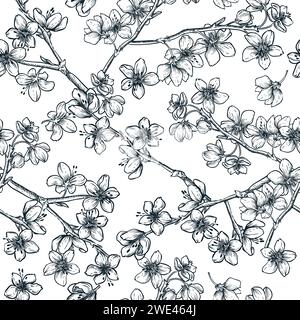 Motivo floreale in fiore ciliegio senza cuciture. Illustrazione di uno schizzo vettoriale disegnato a mano. Rami Sakura con fiori su sfondo bianco. Moda primaverile natura Illustrazione Vettoriale