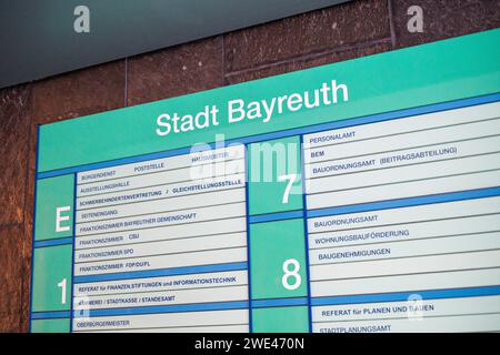 Bayreuth, Germania. 23 gennaio 2024. Nel nuovo municipio di Bayreuth, un cartello indica i vari uffici. La città di Bayreuth presenta una stazione radio di emergenza che può fornire ai cittadini della città e del distretto di Bayreuth tutte le informazioni necessarie in caso di blackout. Il trasmettitore FM è in grado di trasmettere un programma di emergenza tramite la frequenza di trasmissione della stazione radio locale "radio Mainwelle" (FM 104.3). Credito: Daniel Vogl/dpa/Alamy Live News Foto Stock