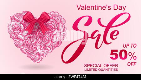 Banner di San Valentino. Composizione romantica con i cuori. Illustrazione vettoriale per siti Web, pubblicità, materiali promozionali. Udito volumetrico Illustrazione Vettoriale