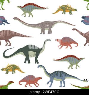 I personaggi dei dinosauri dei cartoni animati sono un motivo senza cuciture. Carino dinosauro personalizza lo sfondo vettoriale di eoraptor, lotosaurus, melanorosaurus e apatosaurus, shunosaurus ed henodus. Sfondo Jurassic raptor Illustrazione Vettoriale